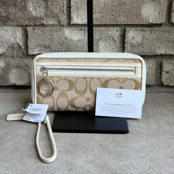 VINTAGE COACH SIGNATURE LT KHAKI WHITE WALLET ZIP AROUND WRISTLET Y2K NEW RARE - Picture 1 of 16